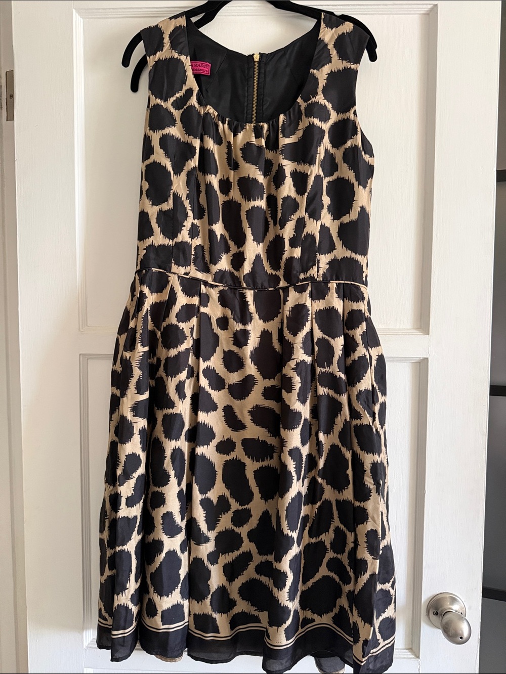Melissa Masse Black and Tan Leopard-Print Sleeveless Party Dress
